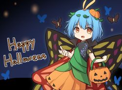Rule 34 | 1girl, animal, antennae, aqua hair, basket, black cape, blush, bug, butterfly, butterfly wings, cape, dress, eternity larva, fairy, green dress, hair between eyes, halloween, happy halloween, insect, insect wings, jack-o&#039;-lantern, leaf, leaf on head, multicolored cape, multicolored clothes, multicolored dress, open mouth, orange eyes, orange skirt, pleated skirt, red cape, short hair, single strap, skirt, smile, solo, touhou, wings, yu cha
