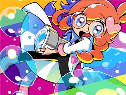 Rule 34 | 1girl, ahoge, blue eyes, boots, bubble, bubble gun, glasses, hair ornament, heart, heart hair ornament, lab coat, multicolored background, nintendo, open mouth, penny crygor, ponytail, red hair, solo, warioware