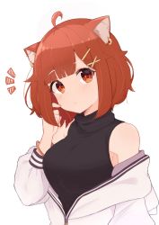 Rule 34 | 1girl, ahoge, animal ear fluff, armlet, armpit peek, bare shoulders, blush, breasts, closed mouth, finger to cheek, hair ornament, hat, highres, jacket, large breasts, long sleeves, looking at viewer, nijisanji, off shoulder, open clothes, open jacket, ratna petit, red eyes, red panda ears, red panda girl, shimaji noma, short hair, simple background, sleeveless, sleeveless turtleneck, sweater, turtleneck, turtleneck sweater, virtual youtuber, x hair ornament, zipper