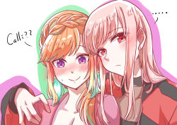 Rule 34 | 2girls, absurdres, arm around neck, arm around shoulder, arm on another&#039;s shoulder, arm over shoulder, blush, couple, earrings, feather earrings, feathers, gradient hair, highres, hololive, hololive english, hug, jacket, jewelry, mori calliope, multicolored hair, multiple girls, official alternate costume, orange hair, pink hair, smile, takanashi kiara, track jacket, virtual youtuber, xu chin-wen, yuri