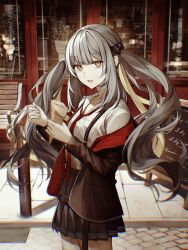 Rule 34 | 1girl, black jacket, black skirt, collared shirt, commentary request, fate/grand order, fate (series), food, grey hair, highres, holding, holding food, jacket, long hair, long sleeves, looking at viewer, marie antoinette (alter) (fate), marie antoinette (alter) (first ascension) (fate), marie antoinette (fate), necktie, off shoulder, open clothes, open jacket, pleated skirt, red necktie, shirt, skirt, smile, solo, suspenders, tamitami, twintails, white shirt, yellow eyes
