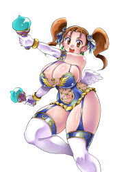 Rule 34 | 1girl, absurdres, alternate costume, blue leotard, breasts, brown eyes, brown hair, bustier, cleavage, divine bustier (dq), dragon quest, dragon quest viii, earrings, gloves, highres, huge breasts, instrument, jessica albert, jewelry, kawamoto hiroshi, large breasts, leotard, maracas, navel, shiny skin, skirt, solo, square enix, thick thighs, thighs, twintails, white gloves, wings