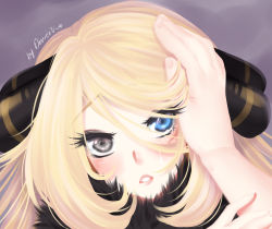 Rule 34 | 1girl, artist name, blonde hair, blue eyes, blush, close-up, creatures (company), crying, crying with eyes open, cynthia (pokemon), desireeu, eyelashes, fingernails, fur collar, fur trim, game freak, grey eyes, hair ornament, hand in another&#039;s hair, hand on another&#039;s arm, heterochromia, highres, lips, long fingernails, long hair, looking at viewer, nintendo, out of frame, parted lips, pokemon, pokemon dppt, portrait, pov, purple background, signature, solo focus, streaming tears, swept bangs, tears