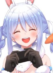 Rule 34 | 1girl, ako suke, animal ear fluff, animal ears, arm cuffs, black gloves, blue hair, blush, braid, carrot hair ornament, closed eyes, commentary, controller, food-themed hair ornament, fur-trimmed gloves, fur scarf, fur trim, game controller, gloves, hair between eyes, hair ornament, highres, hololive, light blue hair, long hair, looking at viewer, multicolored hair, open mouth, rabbit ears, simple background, smile, solo, thick eyebrows, twin braids, twintails, two-tone hair, upper body, usada pekora, usada pekora (1st costume), virtual youtuber, white background, white hair