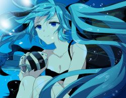 Rule 34 | 1girl, air bubble, aqua hair, blue eyes, blurry, blurry background, breasts, bubble, camisole, cleavage, collarbone, facing viewer, fish, hatsune miku, long hair, marirero a, medium breasts, sitting, smile, solo, twintails, underwear, very long hair, vocaloid