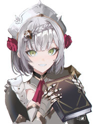 Rule 34 | 1girl, armor, armored dress, ascot, book, braid, braided bangs, commentary request, flower, gauntlets, genshin impact, green eyes, hair flower, hair ornament, highres, holding, holding book, looking at viewer, maid headdress, noelle (genshin impact), red ascot, red flower, red rose, rose, short hair, silver hair, simple background, solo, twitter username, ueauwa, upper body, white background