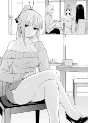 Rule 34 | 1girl, 3girls, aged up, alternate hairstyle, bare shoulders, black footwear, blunt bangs, breasts, butterfly hair ornament, cafe, cleavage, clothes lift, collarbone, comic, commentary, crossed legs, cup, dot nose, expressionless, eyebrows hidden by hair, eyelashes, go-toubun no hanayome, greyscale, hair ornament, hand on own thigh, hand up, head tilt, high heels, highres, indoors, kosmos beta, large breasts, legs, long sleeves, looking at viewer, miniskirt, monochrome, multiple girls, nakano nino, on chair, parted lips, patent heels, pencil skirt, ponytail, pumps, shoes, sidelocks, simple background, sitting, skirt, solo focus, stiletto heels, straight hair, sweater, table, thighs, white background