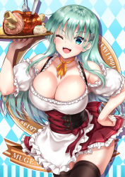 Rule 34 | 1girl, ;d, akizuki akina, apron, aqua hair, argyle, argyle background, argyle clothes, blue eyes, blush, breasts, brown thighhighs, cleavage, dirndl, dress, food, german clothes, hair ornament, hairclip, hand on own hip, holding, holding tray, kantai collection, large breasts, long hair, looking at viewer, neck ribbon, oktoberfest, one eye closed, open mouth, ribbon, skindentation, smile, solo, suzuya (kancolle), thighhighs, thighs, tray