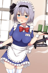 Rule 34 | 1girl, alternate costume, apron, black hairband, blue dress, blue eyes, blush, bow, bowtie, breasts, collared shirt, commentary request, cup, dress, enmaided, guard vent jun, hairband, highres, katana, konpaku youmu, konpaku youmu (ghost), looking to the side, maid, maid apron, maid headdress, medium breasts, nose blush, open mouth, puffy short sleeves, puffy sleeves, red bow, red bowtie, scabbard, sheath, shirt, short hair, short sleeves, shouji, silver hair, sliding doors, solo, sword, teacup, thighhighs, touhou, touhou lostword, tray, weapon, white shirt, white thighhighs, wing collar, wrist cuffs