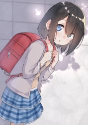 Rule 34 | 1girl, aged down, backpack, bag, blue eyes, blue skirt, blush, brown hair, brown jacket, brown shirt, chestnut mouth, collarbone, commentary request, hair between eyes, hands up, highres, holding, jacket, layered skirt, leaning forward, long sleeves, looking at viewer, looking to the side, open clothes, open jacket, original, parted lips, plaid, plaid skirt, randoseru, shirt, skirt, solo, suzunari shizuku, yuki arare