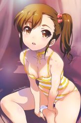 Rule 34 | areola slip, blush, breasts, brown eyes, brown hair, cleavage, collarbone, commentary, futami mami, highres, idolmaster, idolmaster (classic), inoue sora, medium breasts, panties, parted lips, side ponytail, signature, sitting, solo, striped clothes, striped panties, teeth, underwear, upper teeth only