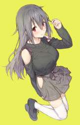 Rule 34 | 1girl, bare shoulders, black footwear, black sweater, blush, brown ribbon, closed mouth, clothing cutout, commentary, fingernails, full body, grey hair, grey skirt, hair between eyes, hip vent, kneeling, long hair, long sleeves, looking at viewer, mikazuchi zeus, original, pleated skirt, red eyes, revision, ribbon, shoes, shoulder cutout, simple background, skirt, smile, solo, sweater, thighhighs, white thighhighs, yellow background