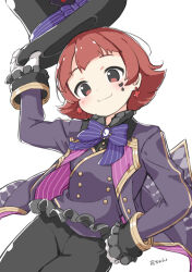 Rule 34 | 1girl, black pants, blunt bangs, blush, breasts, buttons, character name, closed mouth, cowboy shot, dot nose, earrings, flipped hair, frilled sleeves, frills, gloves, hand on own hip, hat, heart stickers, holding, holding clothes, holding hat, idolmaster, idolmaster million live!, idolmaster million live! theater days, jacket, jewelry, kuresuku (lessons), long sleeves, looking at viewer, nonohara akane, official alternate costume, open clothes, open hand, open jacket, pants, purple jacket, purple ribbon, red eyes, red hair, ribbon, short hair, sidelocks, simple background, small breasts, smile, solo, sticker on face, top hat, white background, white gloves