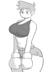 Rule 34 | 1girl, blush, boxing gloves, gender request, genderswap, little mac, monochrome, nintendo, punch-out!!, short hair, solo, sports bra, thick thighs, thighs, wide hips
