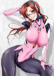 Rule 34 | 00s, 1girl, aqua eyes, bodysuit, breasts, brown hair, cameltoe, cleft of venus, covered navel, evangelion: 2.0 you can (not) advance, fang, glasses, hairband, hand on own knee, highres, large breasts, long hair, looking at viewer, makinami mari illustrious, neon genesis evangelion, plugsuit, rebuild of evangelion, red-framed eyewear, shiny clothes, size hermitage, skin tight, solo, tight clothes