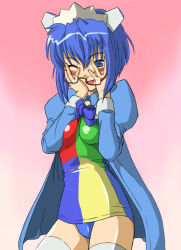 Rule 34 | 1girl, 2k-tan, :d, blue eyes, blue hair, blue jacket, blue ribbon, blush, breasts, covering face, cowboy shot, glasses, gradient background, headgear, jacket, long sleeves, looking at viewer, medium breasts, michael f91, multicolored clothes, one eye closed, open clothes, open jacket, open mouth, os-tan, panties, pink background, puffy long sleeves, puffy sleeves, ribbon, short hair, smile, solo, standing, thighhighs, underwear, white thighhighs