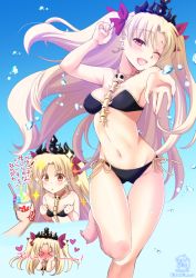 Rule 34 | &gt;:o, &gt; &lt;, 1girl, :o, alternate costume, barefoot, bikini, black bikini, blonde hair, blue background, blush, bow, breasts, command spell, dated, earrings, eating, ereshkigal (fate), fate/grand order, fate (series), food, full-face blush, heart, holding, jewelry, long hair, looking at viewer, looking away, medium breasts, mori marimo, multiple views, navel, one eye closed, open mouth, parted bangs, parted lips, red bow, red eyes, saint quartz (fate), shaved ice, side-tie bikini bottom, spine, standing, swimsuit, tiara, tohsaka rin, twintails, two side up, v-shaped eyebrows