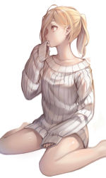Rule 34 | 1girl, barefoot, blonde hair, dress, finger to mouth, highres, linmiu (smilemiku), long hair, long sleeves, looking away, looking to the side, no pants, original, ponytail, ribbed sweater, sitting, sleeves past wrists, solo, sweater, sweater dress, wariza, white background, white sweater