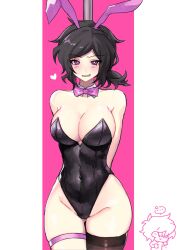Rule 34 | 1girl, andrew graves, animal ears, ashley graves, black hair, blush, breasts, highres, leotard, looking at viewer, pink background, pink eyes, playboy bunny, rabbit ears, the coffin of andy and leyley, thighs, xttpb