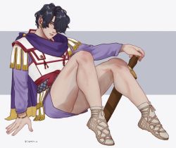 Rule 34 | 1boy, ancient greek clothes, black hair, bracelet, cape, capelin s, earrings, full body, greco-roman clothes, grey footwear, hair over one eye, jewelry, knees up, long sleeves, original, shoes, short hair, sitting, solo, twitter username