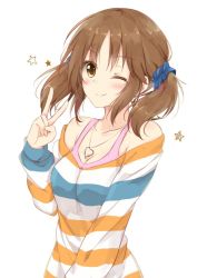 Rule 34 | 10s, 1girl, ;), bad id, bad twitter id, breasts, brown eyes, brown hair, cleavage, hair ornament, hair scrunchie, heart, heart necklace, idolmaster, idolmaster cinderella girls, jewelry, necklace, off shoulder, one eye closed, scrunchie, shiina kuro, shirt, simple background, small breasts, smile, solo, star (symbol), striped clothes, striped shirt, totoki airi, twintails, upper body, v, white background