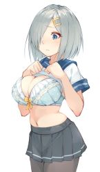 Rule 34 | 1girl, blue bra, blue eyes, blush, bra, breasts, cleavage, clothes lift, cowboy shot, fumikiri, gloves, grey skirt, hair ornament, hair over one eye, hairclip, hamakaze (kancolle), highres, hip focus, kantai collection, large breasts, looking at viewer, navel, pantyhose, pleated skirt, school uniform, serafuku, shirt lift, short hair, silver hair, simple background, skirt, solo, standing, thighs, underwear, white background, white gloves