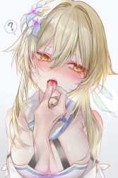 Rule 34 | 1girl, absurdres, blonde hair, blush, breasts, cleavage, commentary request, duplicate, eyelashes, eyes visible through hair, flower, genshin impact, hair between eyes, hair flower, hair ornament, highres, large breasts, long hair, looking at viewer, lumine (genshin impact), pixel-perfect duplicate, pottsness, tongue, tongue grab, tongue out, yellow eyes