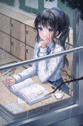 Rule 34 | 1girl, absurdres, black hair, blue bow, blue bowtie, blue eyes, blue skirt, bobmond (artist), book, bow, bowtie, branch, classroom, closed mouth, collared shirt, commentary request, desk, hair ornament, hair scrunchie, hand on own cheek, hand on own face, hand up, head rest, high ponytail, highres, holding, holding pen, huge filesize, indoors, leaf, locker, long hair, long sleeves, looking at viewer, mirror, open book, original, pen, pencil case, plaid, plaid bow, plaid bowtie, plaid neckwear, plaid skirt, ponytail, rain, ruler, school desk, scrunchie, shirt, sidelocks, skirt, solo, white shirt, window