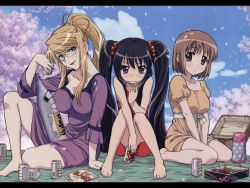 Rule 34 | 00s, 3girls, barefoot, black hair, blonde hair, blue eyes, breasts, brown eyes, brown hair, can, cherry blossoms, drink, feet, food, formal, glasses, highres, large breasts, letterboxed, long hair, margery daw, multiple girls, pencil skirt, picnic, ponytail, shakugan no shana, shana, short hair, skirt, skirt suit, suit, toes, twintails, very long hair, wallpaper, yoshida kazumi