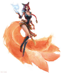 Rule 34 | 1girl, ahri (league of legends), alternate costume, alternate hair color, animal ears, arm wrap, armor, armored dress, armpits, artist name, bell, blue fire, boots, braid, breasts, brown eyes, cleavage, clothing cutout, collar, ewalabak, faulds, fingernails, fire, fox ears, fox tail, foxfire ahri, full body, greaves, hair ornament, highres, jingle bell, knee boots, large breasts, league of legends, lips, long fingernails, looking down, magic, mozilla firefox, multiple tails, neck bell, orange eyes, parted lips, pauldrons, pelvic curtain, red hair, rope, shoulder armor, side cutout, sideboob, simple background, single braid, solo, tail, tassel, toeless legwear, vambraces, white background, white hair, wrist wrap