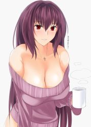 Rule 34 | 1girl, bad id, bad pixiv id, bare shoulders, blush, breasts, cleavage, coffee mug, collarbone, commentary request, cross, cross necklace, cup, fate/grand order, fate (series), gachou, hair between eyes, hair intakes, holding, holding cup, jewelry, large breasts, long hair, looking at viewer, mug, necklace, off-shoulder, off-shoulder sweater, off shoulder, parted lips, purple hair, purple sweater, red eyes, sagging breasts, scathach (fate), simple background, smile, solo, steam, sweater, translation request