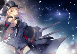 Rule 34 | 1girl, anchor hair ornament, bismarck (kancolle), black panties, blonde hair, breasts, cross, detached sleeves, gloves, grey thighhighs, hair ornament, hat, iron cross, kantai collection, large breasts, long hair, military, military hat, military uniform, moon, night, night sky, nueco, panties, peaked cap, rigging, sideboob, sky, thighhighs, turret, underwear, uniform