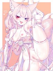 Rule 34 | 1girl, ahoge, animal ear fluff, animal ears, anus, blue eyes, blur censor, breasts, censored, copyright request, detached sleeves, fang, fox ears, fox girl, heterochromia, highres, kupa (jesterwii), leg up, long hair, looking at viewer, monochrome, nontraditional miko, object insertion, orange background, pussy, red eyes, small breasts, split, standing, standing on one leg, standing split, thighhighs, tongue, tongue out, two-tone background, vaginal, vaginal object insertion, virtual youtuber, white background, white sleeves, white thighhighs, wide sleeves