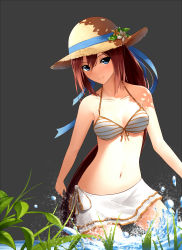Rule 34 | 1girl, absurdres, ariinine, bikini, bikini skirt, blue eyes, blue ribbon, breasts, brown hair, cleavage, diffraction spikes, front-tie bikini top, front-tie top, grey background, hat, highres, long hair, looking at viewer, medium breasts, navel, original, partially submerged, ribbon, smile, solo, straw hat, striped bikini, striped clothes, swimsuit, wading, water
