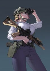 Rule 34 | 1girl, absurdres, aqua background, arm up, assault rifle, belt, blue eyes, blue pants, breasts, buttons, chin strap, chinese commentary, closed mouth, collared shirt, combat helmet, commentary, cowboy shot, foregrip, from above, frown, gradient background, green belt, green headwear, grey background, gun, gun sling, h&amp;k hk416, h&amp;k vp9, handgun, headset, heckler &amp; koch, helmet, highres, holding, holding gun, holding weapon, holstered, large breasts, laser sight, light brown hair, looking afar, looking to the side, night vision device, optical sight, original, pants, pilot webber, pocket, rifle, shirt, short hair, sleeves past elbows, sleeves rolled up, solo, suppressor, tactical clothes, utility belt, vertical foregrip, weapon, white shirt