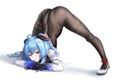 Rule 34 | 1girl, ahoge, arched back, ass, back cutout, black gloves, black pantyhose, blue hair, breast press, closed mouth, clothing cutout, commentary, detached sleeves, dvdraw, english commentary, flexible, ganyu (genshin impact), genshin impact, gloves, goat horns, high heels, highres, horns, jack-o&#039; challenge, leotard, long hair, looking at viewer, pantyhose, purple eyes, simple background, solo, spread legs, thighs, top-down bottom-up, white background, white footwear