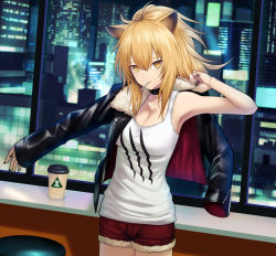 Rule 34 | 1girl, animal ears, arknights, arm up, armpits, bare shoulders, black nails, blonde hair, blush, breasts, cleavage, coffee cup, collarbone, cowboy shot, cup, cutoffs, disposable cup, fur-trimmed jacket, fur-trimmed shorts, fur trim, hair between eyes, high ponytail, highres, jacket, large breasts, leather, leather jacket, lion ears, lion girl, long hair, long sleeves, looking at viewer, mouth hold, nail polish, outstretched arm, ponytail, red shorts, shirt, short shorts, shorts, sidelocks, siege (arknights), sleeveless, sleeveless shirt, solo, studded choker, tank top, tsuchifumazu, white tank top, yellow eyes