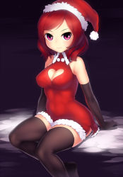 Rule 34 | 10s, 1girl, absurdres, arantheus, bare shoulders, black gloves, black thighhighs, breasts, cleavage, cleavage cutout, clothing cutout, covered navel, curvy, dress, elbow gloves, fur trim, gloves, hat, heart, heart cutout, highres, large breasts, looking at viewer, love live!, love live! school idol project, night, night sky, nishikino maki, purple eyes, red hair, santa costume, santa hat, short hair, sitting, skin tight, sky, sleeveless, sleeveless dress, smile, solo, star (sky), starry sky, thighhighs