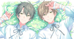 Rule 34 | 2boys, bow, bowtie, brothers, brown hair, collared shirt, commentary request, dated, from above, grass, green background, green bow, green bowtie, grey hair, happy birthday, highres, kisaki chihiro, kisaki hotaru, looking at viewer, looking up, lying, male focus, multiple boys, on air!, on back, ribbon, sekina, shirt, short hair, siblings, smile, twins, upper body, white ribbon, white shirt, yellow eyes