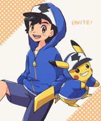 Rule 34 | 1boy, :d, ao anpk, ash ketchum, baseball cap, black hair, brown eyes, clothed pokemon, commentary request, copyright name, cosplay, creatures (company), game freak, gen 1 pokemon, grin, hat, hood, hood up, hooded jacket, jacket, long sleeves, looking at viewer, male focus, nintendo, open mouth, pikachu, pikachu (cosplay), pikachu (hip-hop), pokemon, pokemon (anime), pokemon unite, shirt, short hair, shorts, smile, teeth, tongue, upper teeth only, white shirt, zipper pull tab