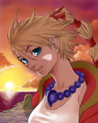 Rule 34 | 1girl, absurdres, aso (ele011101), beads, blonde hair, blue eyes, braid, chrono (series), chrono cross, cliff, cloud, coat, facial mark, hair between eyes, head tilt, high ponytail, highres, horizon, jewelry, kid (chrono cross), long hair, looking at viewer, multi-tied hair, necklace, ocean, open clothes, open coat, orange sky, parted lips, ponytail, prayer beads, red coat, rock, sky, smile, solo, sunlight, sunset, tank top, upper body, vest, water