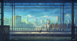 Rule 34 | 1girl, bench, black cat, black socks, blonde hair, blouse, blue eyes, blue skirt, blue theme, broken glass, broken window, building, cat, chair, city, cityscape, cloud, day, feel (nasitaki), glass, hands on lap, kneehighs, knees together feet apart, lonely, long sleeves, looking at another, original, pigeon-toed, pleated skirt, railing, ruins, scenery, school uniform, serafuku, shirt, sign, signature, sitting, skirt, sky, socks, solo, train station, v arms, white shirt