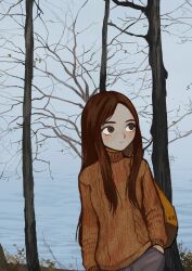 Rule 34 | 1girl, blush, brown eyes, brown hair, brown sweater, closed mouth, day, freckles, hands in pockets, highres, io (onisarashi), long hair, long sleeves, looking away, original, outdoors, solo, sweater, tree, water