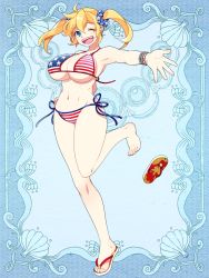 Rule 34 | 1girl, american flag bikini, artist request, bikini, blonde hair, blue eyes, breasts, cleavage, curvy, flag print, flip-flops, full body, huge breasts, long hair, looking at viewer, navel, one eye closed, open mouth, psychic hearts, sandals, single shoe, smile, solo, standing, swimsuit, tongue, twintails, underboob, wide hips