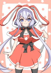 Rule 34 | 1girl, 9ma (9matohibari), absurdres, animal hood, bag, black thighhighs, blue eyes, breasts, capelet, closed mouth, dress, eyebrows hidden by hair, feet out of frame, hair between eyes, highres, holding, holding bag, hood, large breasts, looking at viewer, rabbit hood, red capelet, red dress, red hood, santa costume, senki zesshou symphogear, simple background, skindentation, smile, solo, thighhighs, twintails, waist ribbon, white hair, yukine chris