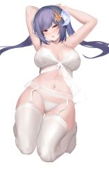 Rule 34 | 1girl, absurdres, armpits, arms behind head, arms up, babydoll, bare arms, bare shoulders, blue hair, breasts, cleavage, commission, garter belt, hair ornament, heterochromia, highres, horns, large breasts, lingerie, long hair, looking at viewer, navel, nine (kanine41), no shoes, original, panties, parted lips, red eyes, ruthenium77&#039;s character, second-party source, see-through, solo, spaghetti strap, stomach, strap gap, string panties, thighhighs, thighs, twintails, underwear, underwear only, white babydoll, white panties, white thighhighs, yellow eyes