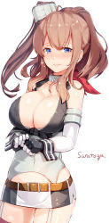 Rule 34 | 1girl, ahoge, anchor, areola slip, bare shoulders, belt, blue eyes, blush, breasts, brown hair, character name, cleavage, closed mouth, collarbone, cosplay, covered navel, cowboy shot, elbow gloves, eyebrows, flying sweatdrops, front-tie top, garter straps, gloves, highres, iowa (kancolle), iowa (kancolle) (cosplay), kantai collection, large breasts, long hair, looking at viewer, meth (emethmeth), microskirt, navel, neckerchief, own hands together, ponytail, red neckerchief, saratoga (kancolle), shiny skin, side ponytail, sidelocks, signature, simple background, skindentation, skirt, smile, solo, striped, thighhighs, upper body, vertical stripes, white background, wrist cuffs