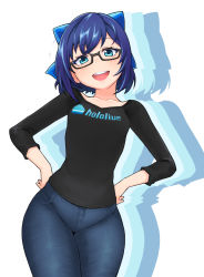 Rule 34 | 1girl, a-chan (hololive), ahoge, black-framed eyewear, black shirt, blue bow, blue eyes, blue hair, bow, collarbone, company name, contrapposto, cowboy shot, denim, drop shadow, fukkireta, glasses, hair bow, hands on own hips, head tilt, highres, hololive, hori shin, jeans, logo, looking at viewer, open mouth, pants, semi-rimless eyewear, shirt, simple background, smile, solo, thick thighs, thighs, tight clothes, tight pants, under-rim eyewear, v-neck, virtual youtuber, white background, wide hips