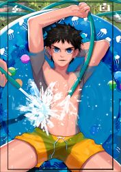 Rule 34 | 2boys, abs, black hair, blue eyes, child, grass, looking at viewer, male focus, multiple boys, muscular, naughty face, nipples, original, outdoors, pool, topless male, summer, water, yaowu