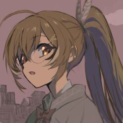 Rule 34 | 1girl, ahoge, bespectacled, brown capelet, brown cloak, brown eyes, brown hair, capelet, clemademia, cloak, cloud, crossed bangs, feather hair ornament, feathers, glasses, hair ornament, hairclip, hololive, hololive english, long hair, multicolored hair, nanashi mumei, nanashi mumei (1st costume), open mouth, ponytail, red sky, ribbon, round eyewear, sketch, sky, streaked hair, town, very long hair, virtual youtuber
